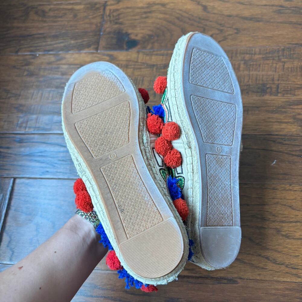 Tory Burch Ellis Pom-pom Embroidered Leather Textile Espadrille Flats Size 8 - Picture 5 of 13